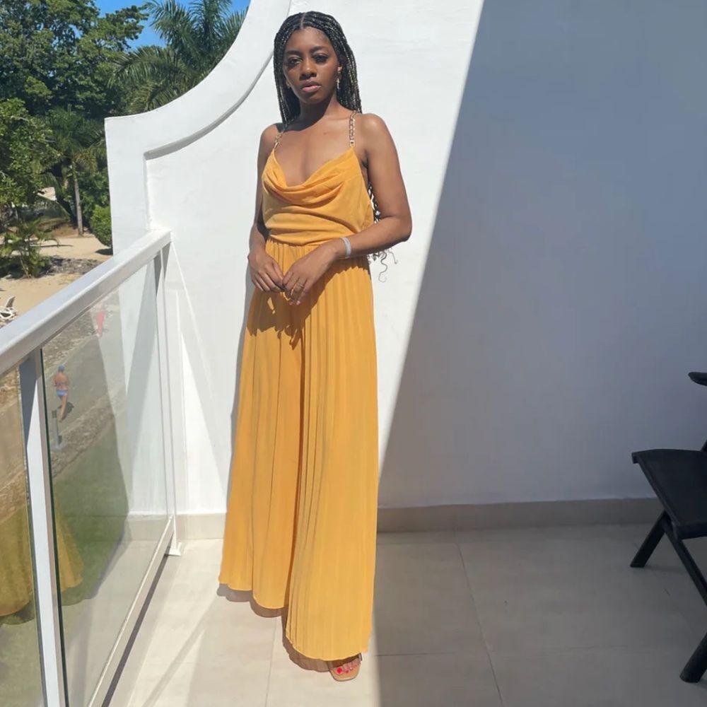 Luxxel- Yellow Cowl Neck Jumpsuit w/Chain Strapes